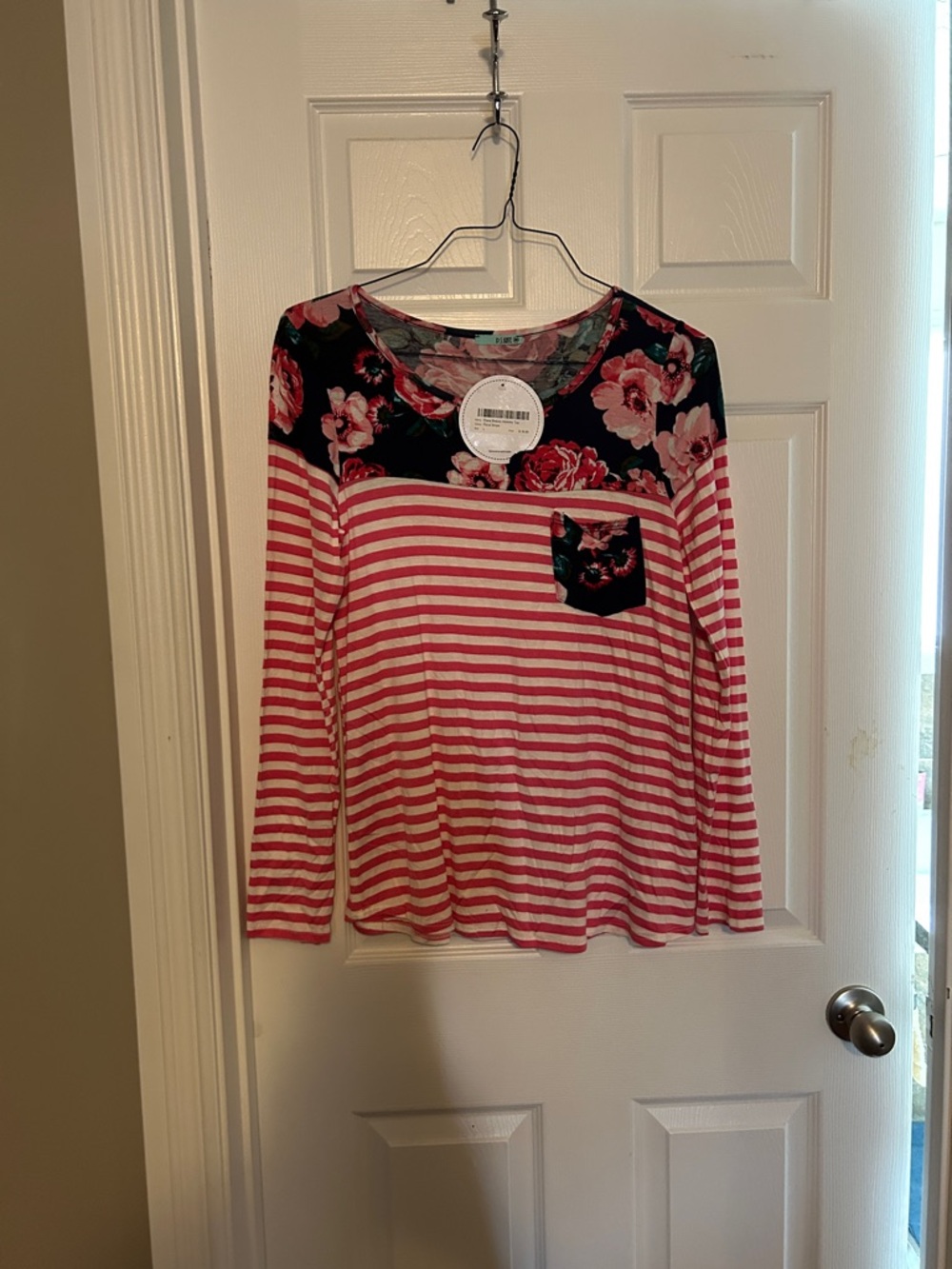 Pink Stripe Long-Sleeve Top with Floral Yoke and Pocket